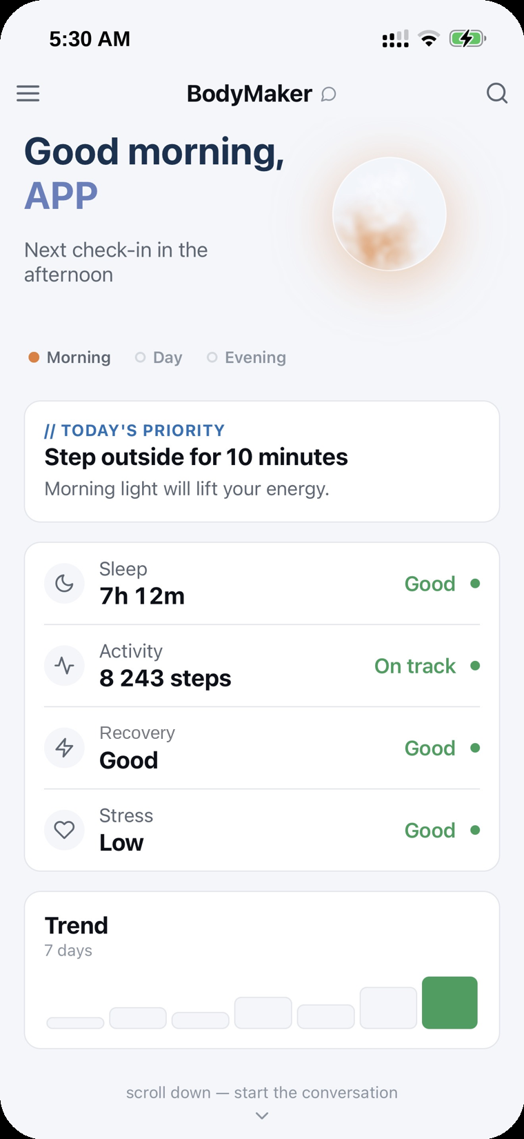 BodyMaker app — morning screen