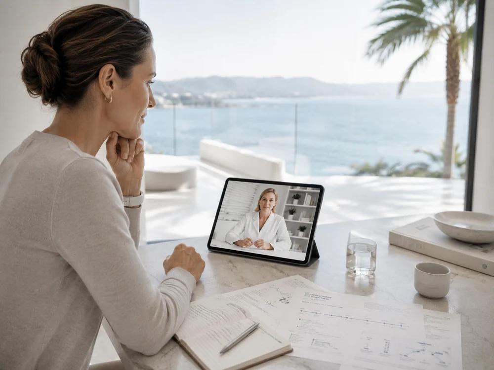 A woman on a video call with her Longevity Lead, with notes and charts spread across the table