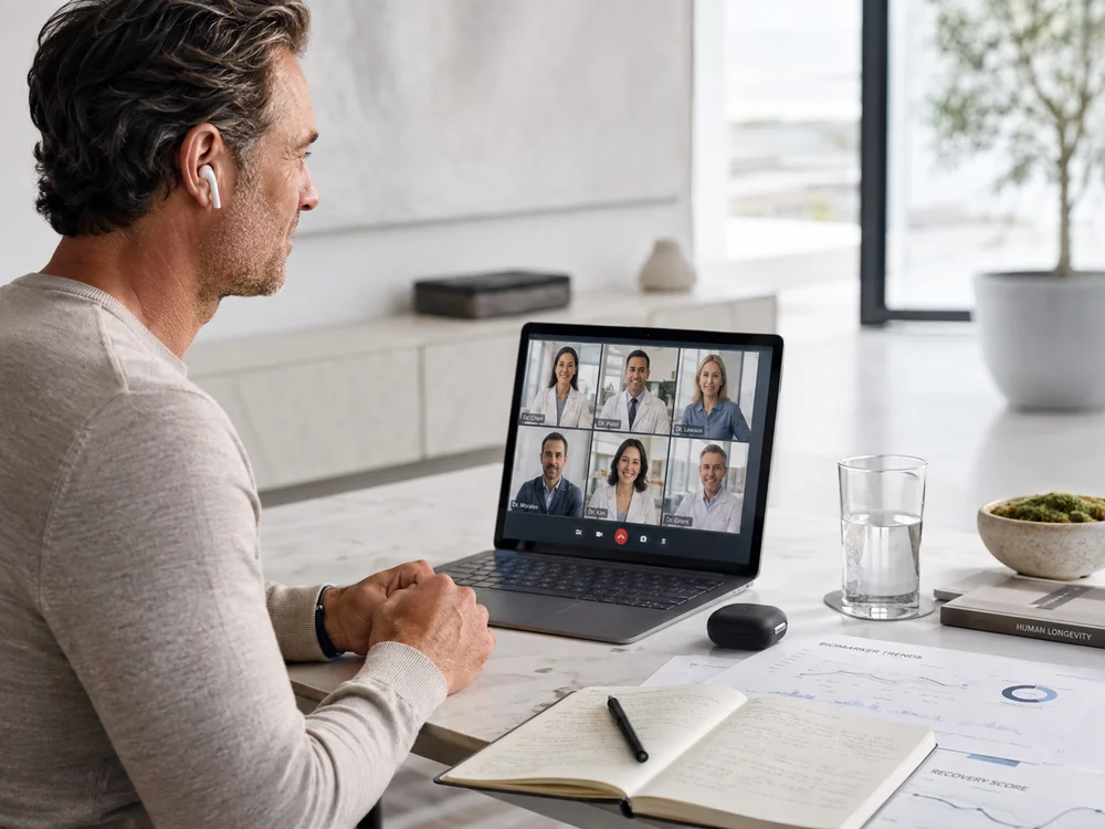 A man on a video call with six specialists from his science team