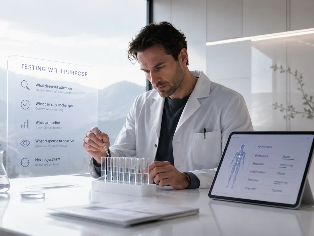 A specialist preparing sample tubes beside a panel that sets out what each test is meant to answer