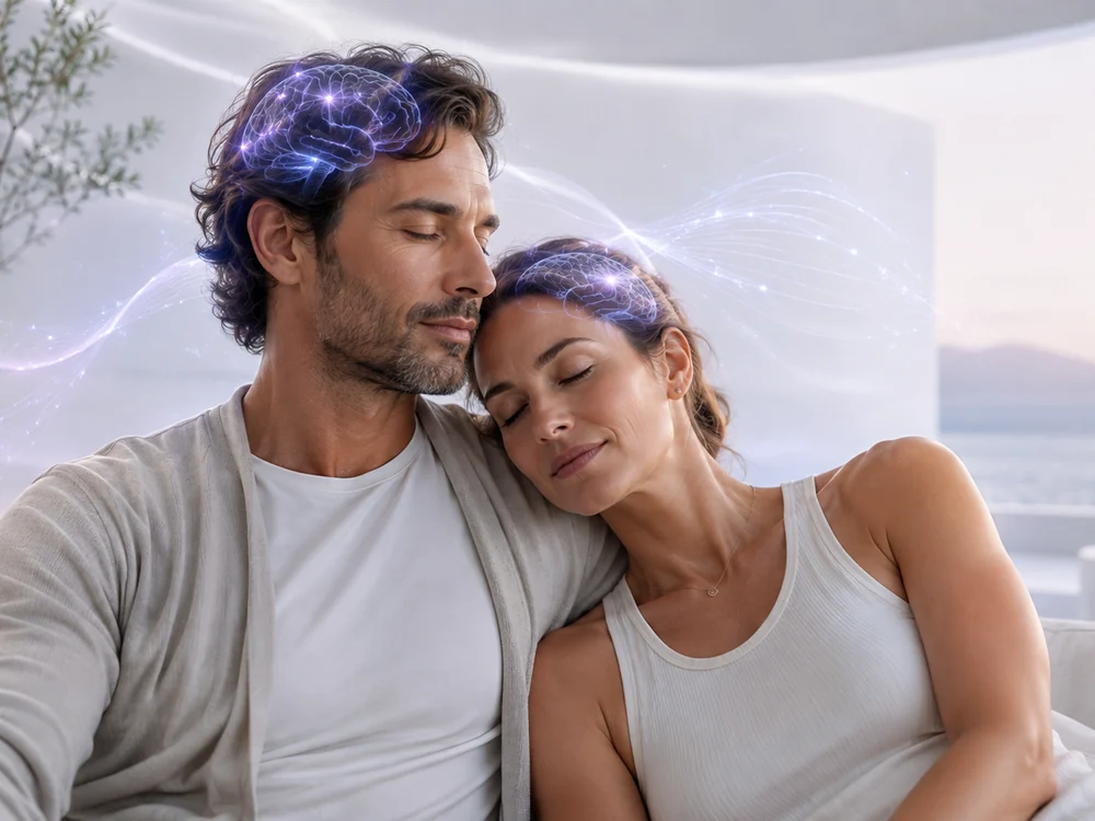 A couple resting together, a soft glow over their heads suggesting a calm nervous system